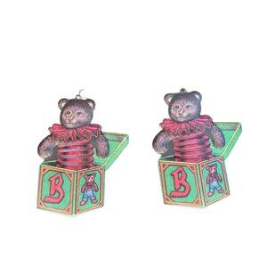 Vintage Dept 56 Christmas Ornament Metal Teddy Bear 4” Jack In The Box Set of 2